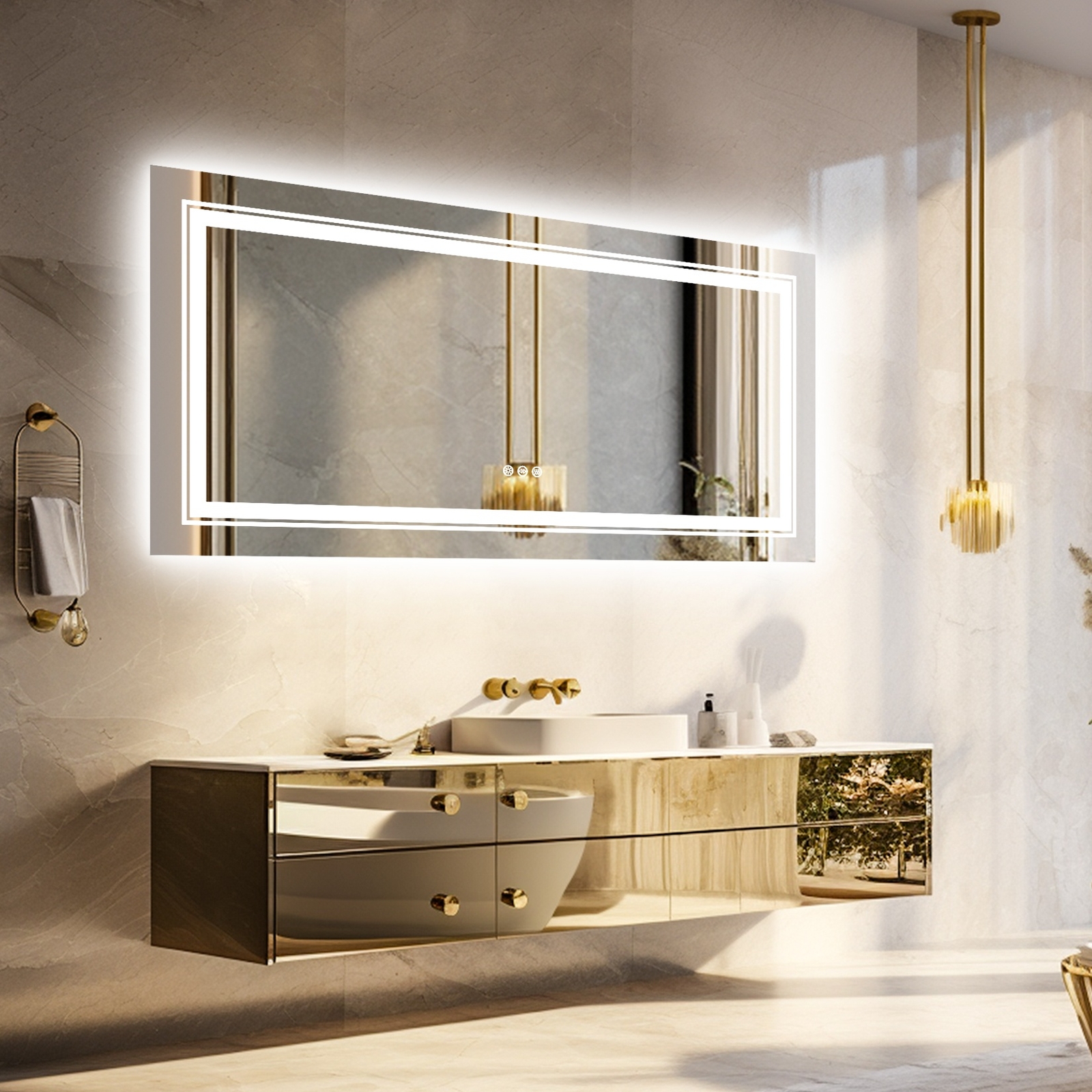 WISFOR Wall Hanging Dimming Vanity Mirror Backlit with 3-Color Lights Demister