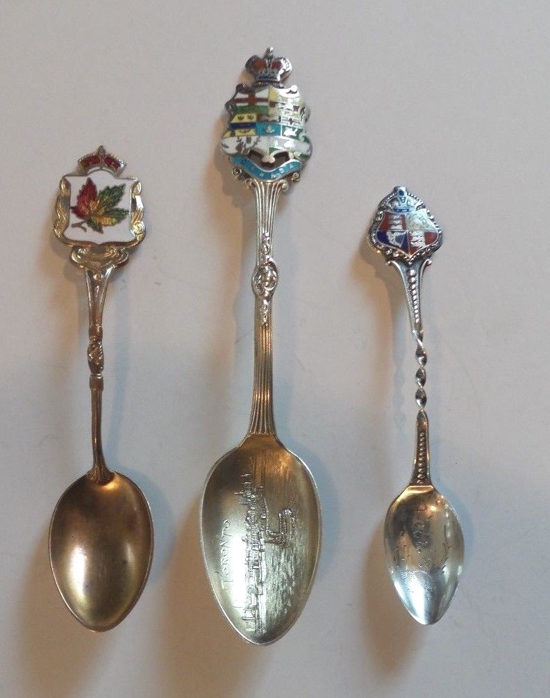 LOT/3 (2 STERLING SILVER & 1 PLATED) CANADIAN SOUVENIR SPOONS, ENAMEL CRESTS