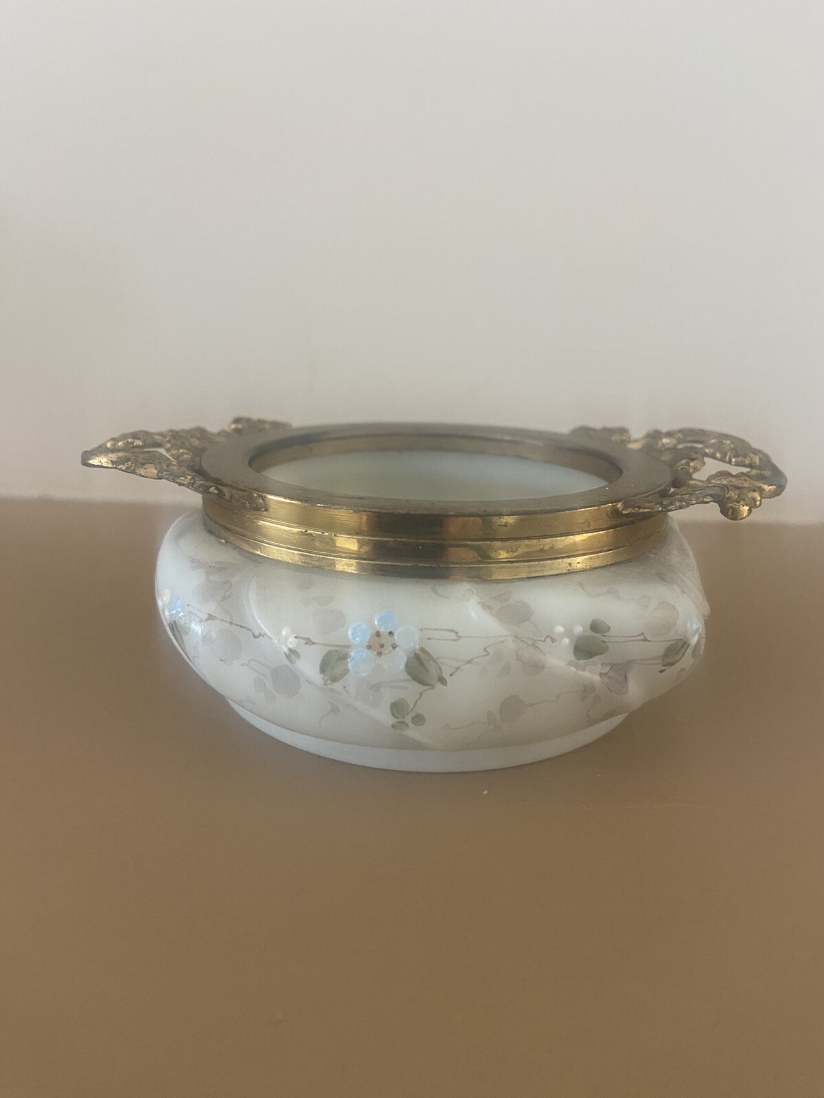 Antique 4″ Wavecrest trinket/pin/ring jar with brass handles