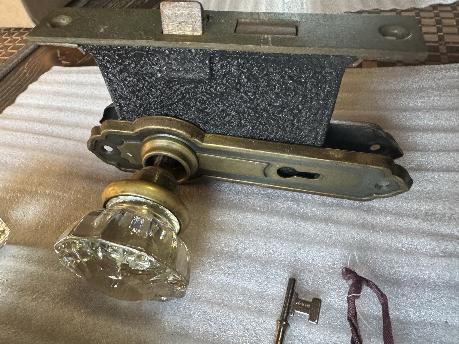 Antique 1920’sCorbin Art Deco Mortise Lockset Pair Glass Doorknobs W/Key