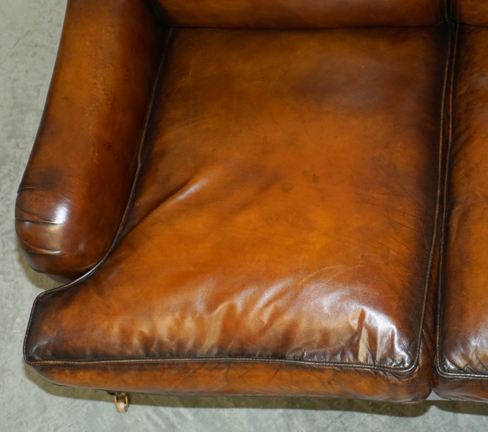 1 OF 2 LARGE GEORGE SMITH HOWARD & SON’S BROWN LEATHER SIGNATURE SCROLL ARM SOFA