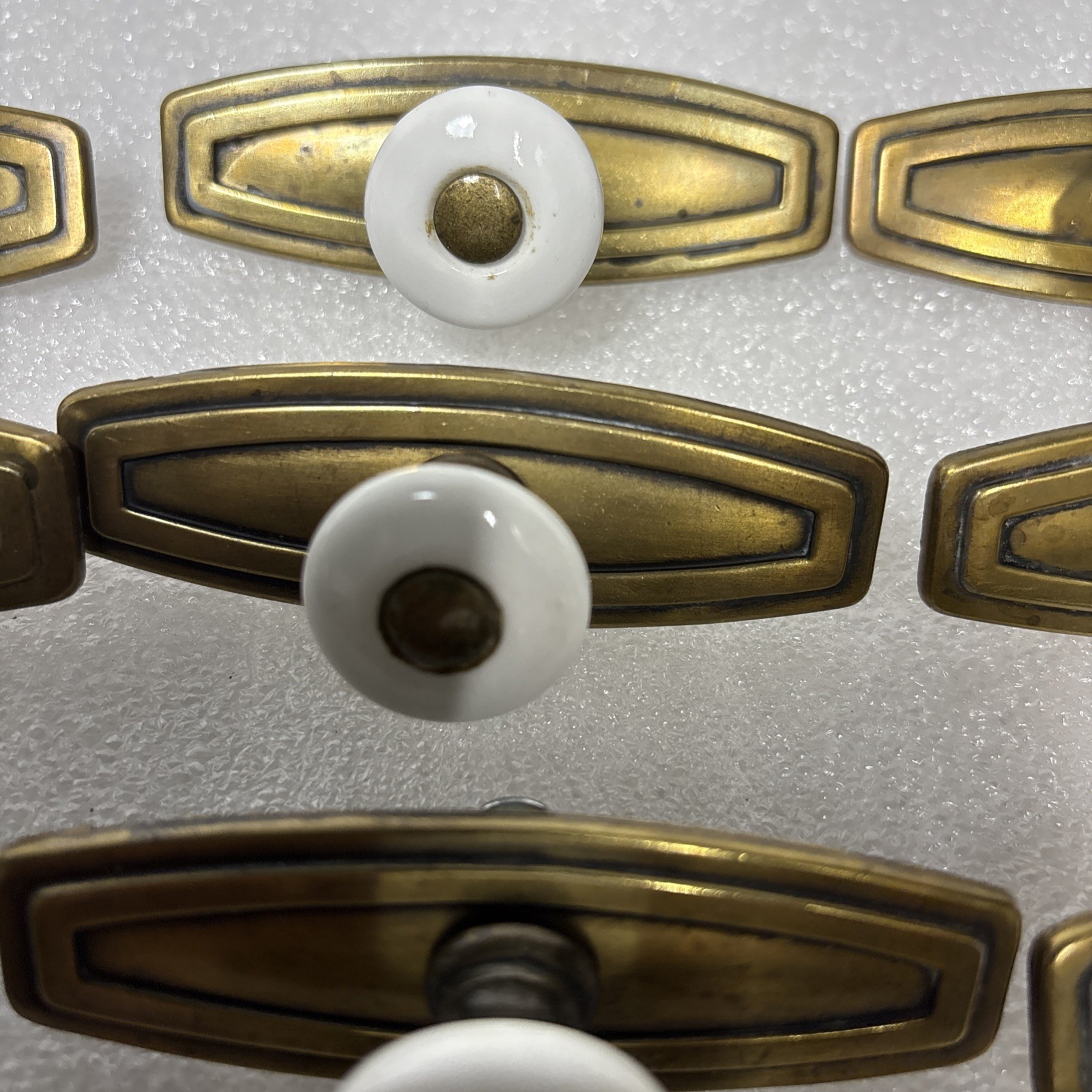 12 Twelve Brass Plate White Ceramic Knob Draw Pulls Center Screws 3.25”