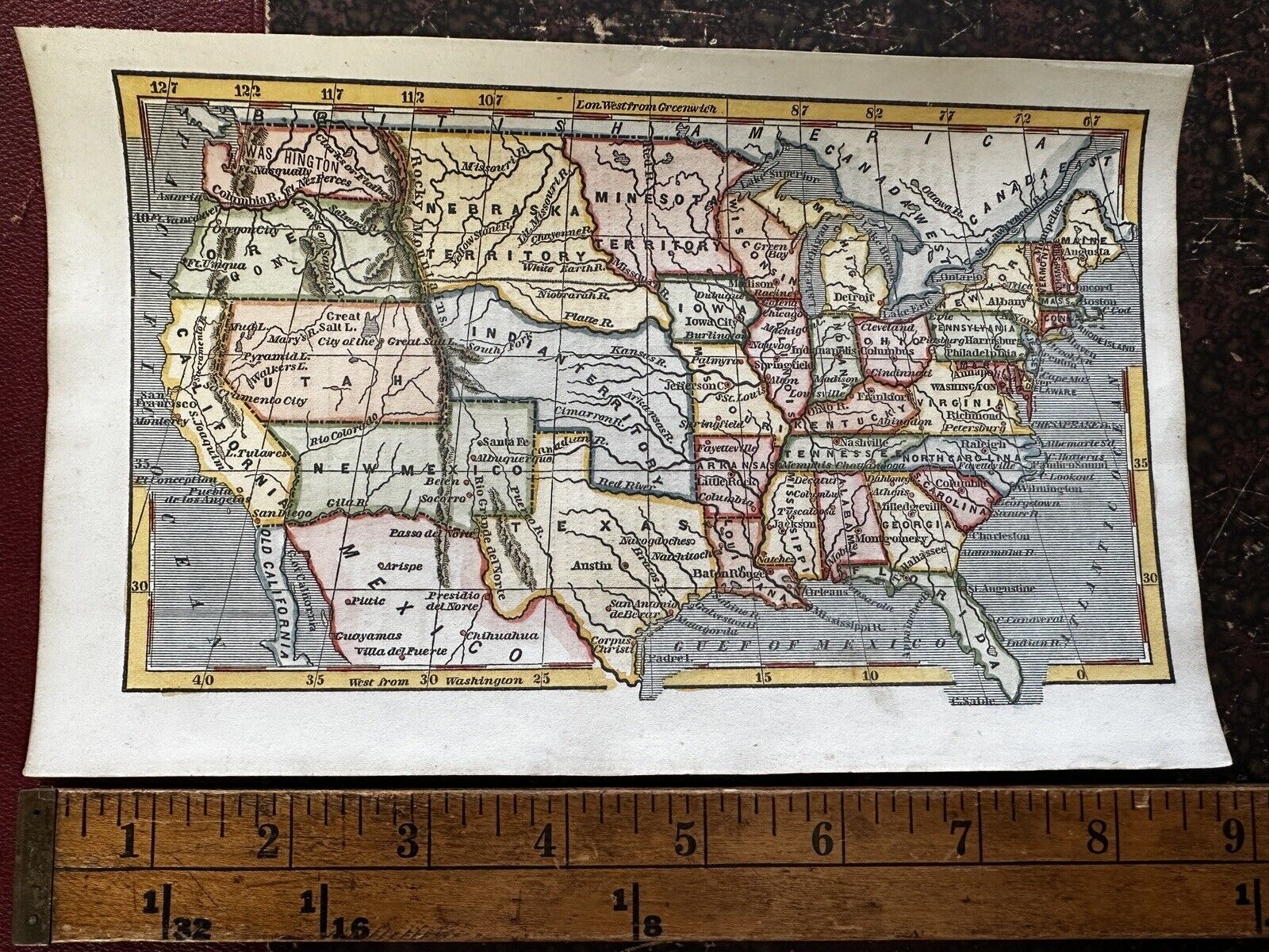 Territorial United States 1853 miniature antique hand colored map giftable