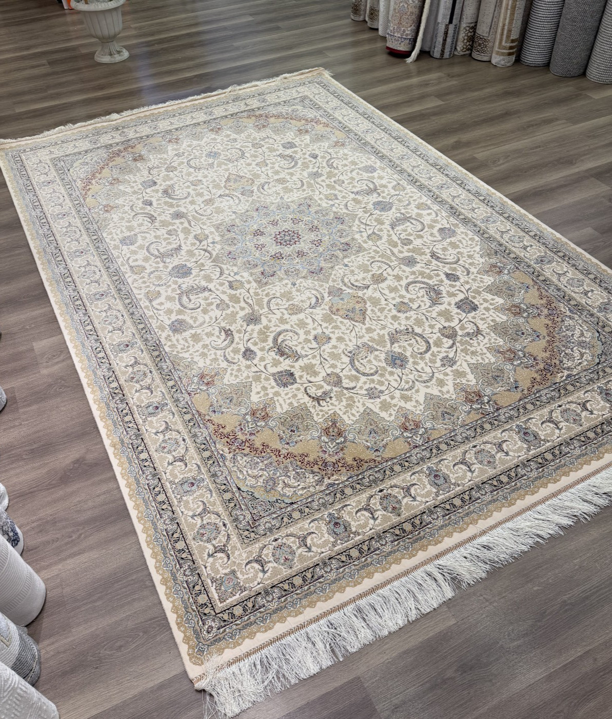 Luxury Turkish Silk Rug 7×10 Ft Beige Ivory Oriental Area Carpet Handmade Fringe