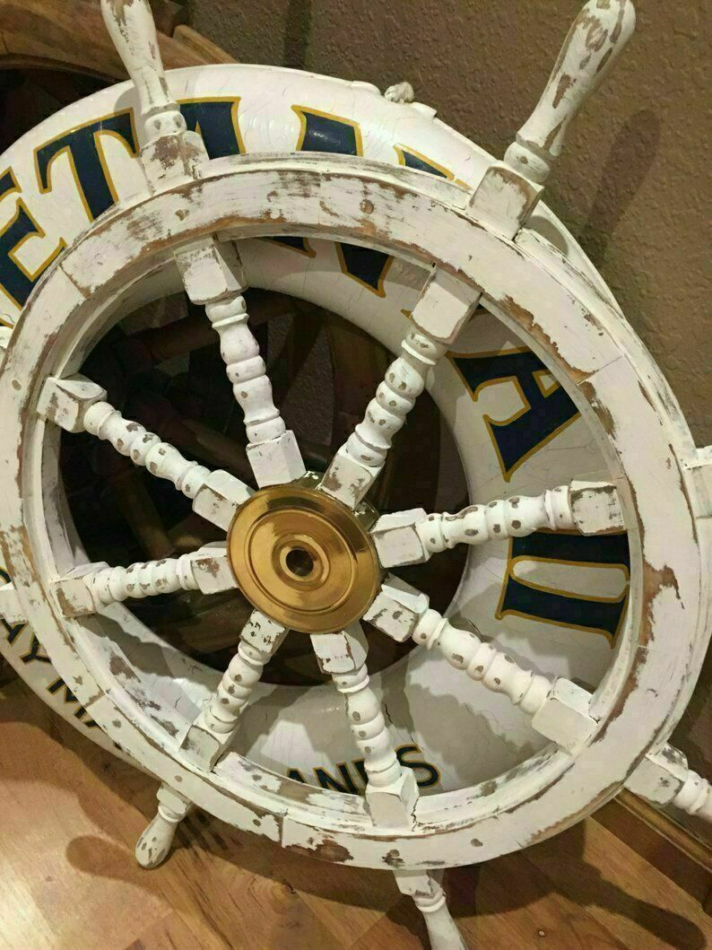 36” Hand Painted Wooden Ship Wheel Distressed White Nautical home Decor Gift