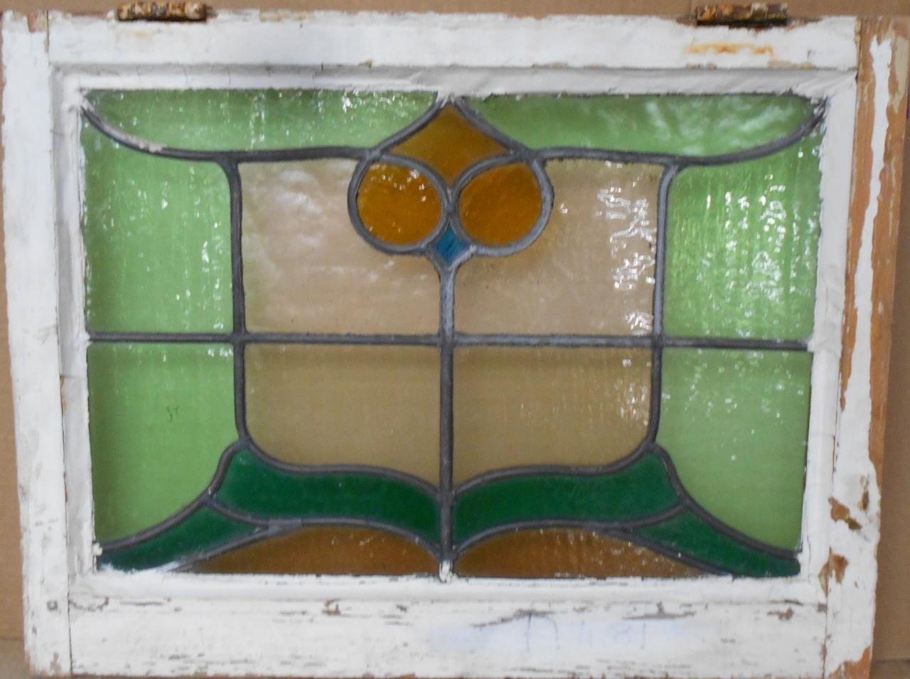 COLORFUL ABSTRACT MIDSIZE OLD ENGLISH LEADED STAINED GLASS WINDOW 26″x 19 3/4″