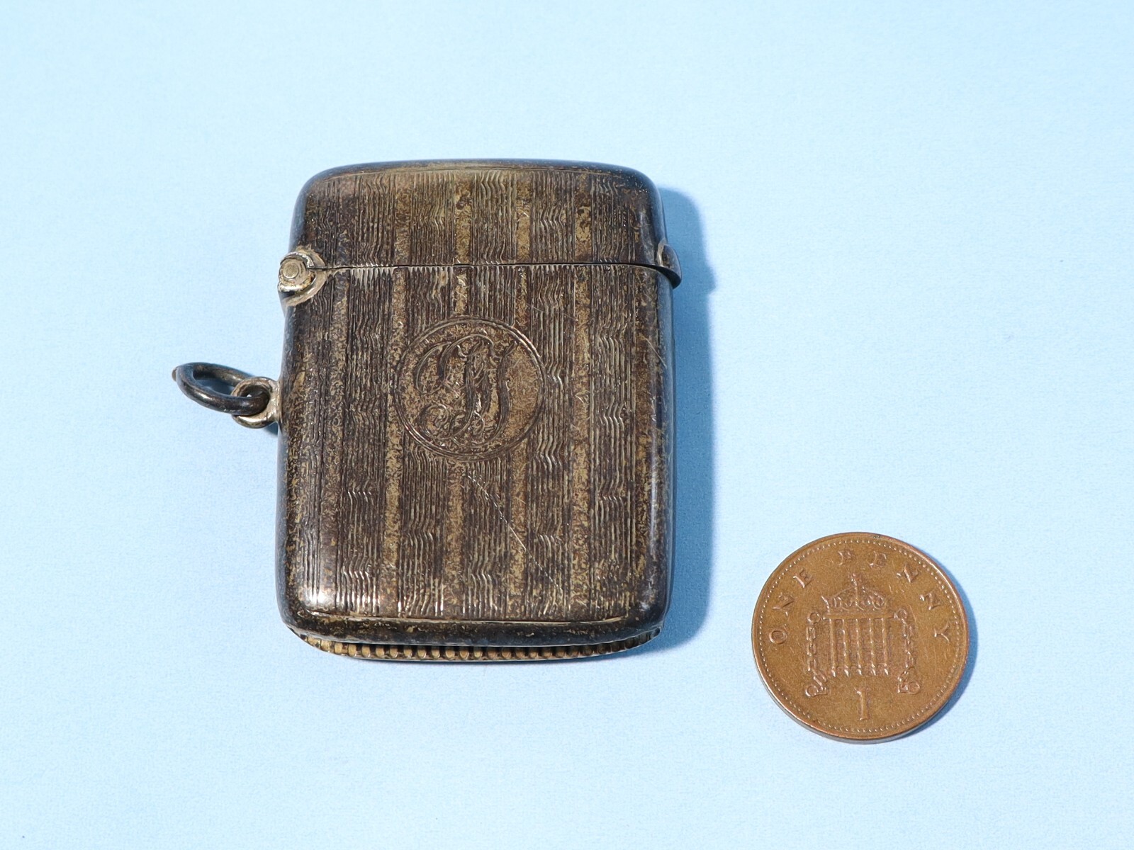 1909 Antique Sterling Silver Vesta Case Fob Engraved ? Initials Monogram #JM9