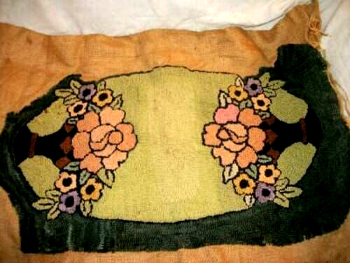 1920s Folk Art Hand Hooked Rug Remnant Piece Flower Basket Rayon Ribbon Burlap