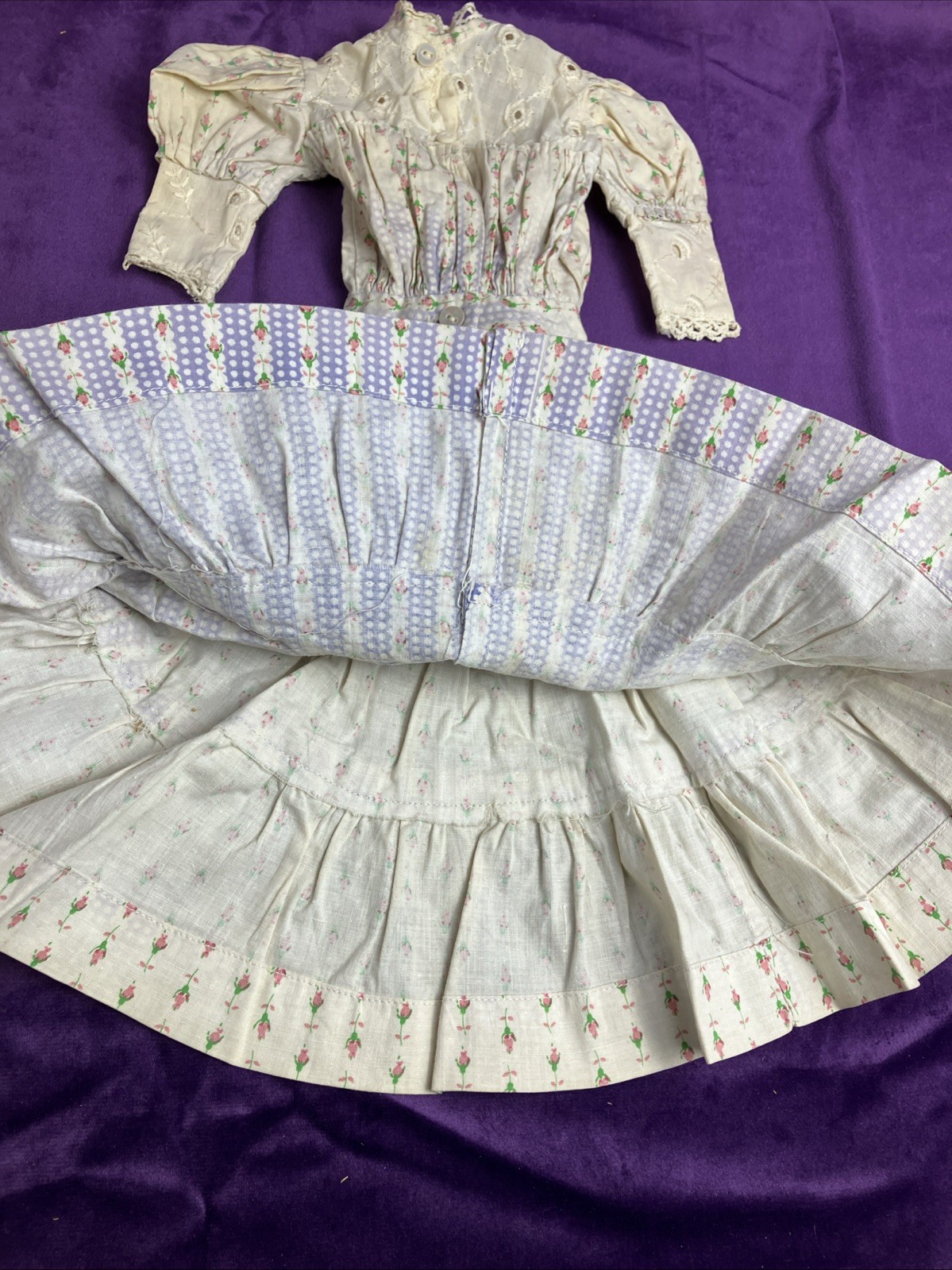 Antique Edwardian Doll Dress Micro Roses Cotton C 1900