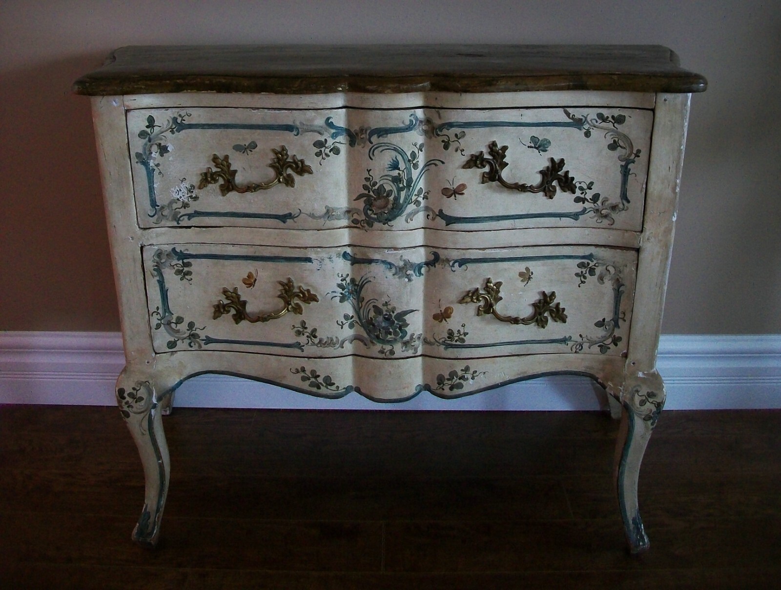 Italian Rococo Floral & Butterfly Painted Chest of Drawers – Mid 19th Century