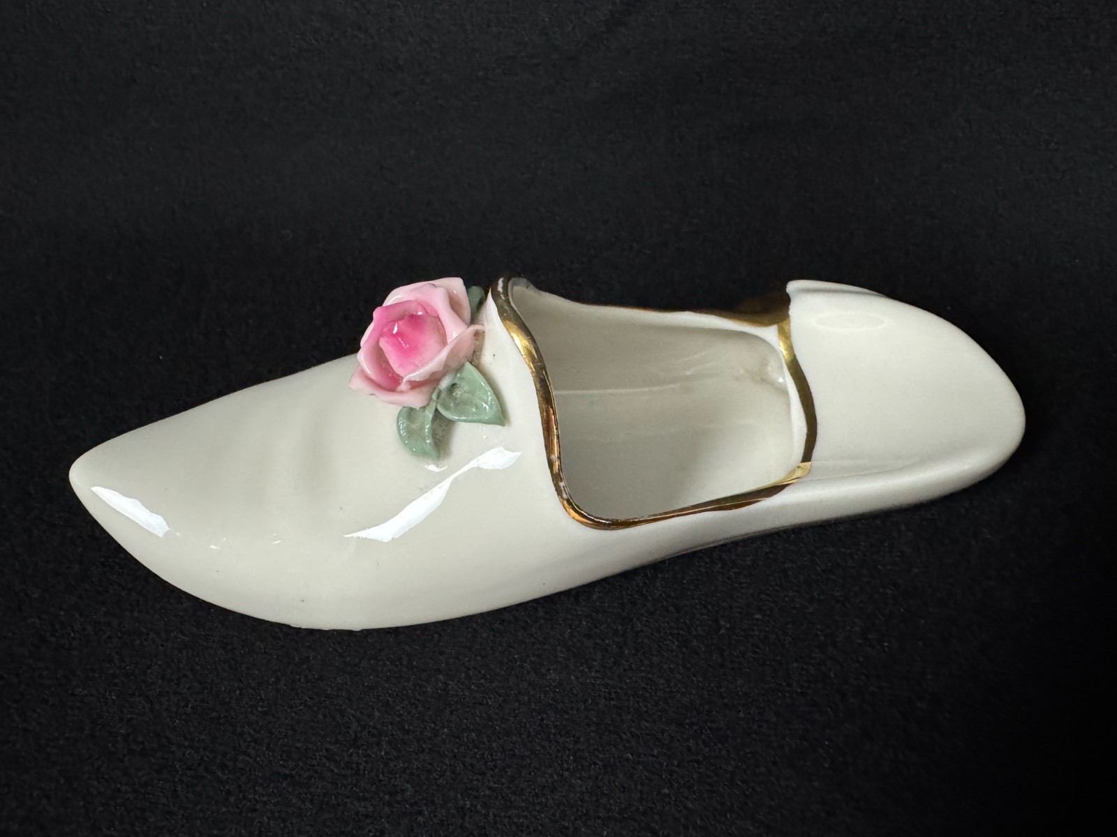 DRESDEN Porcelain Shoe Slipper Figurine Raised Pink Rose Germany 6″ Long