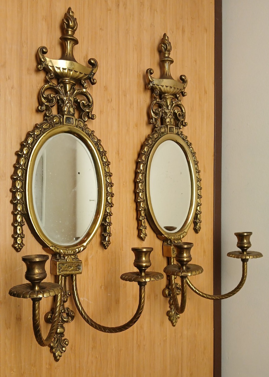 Vintage French Bronze Wall Sconces w/Oval Mirror 24″, Set of (2)