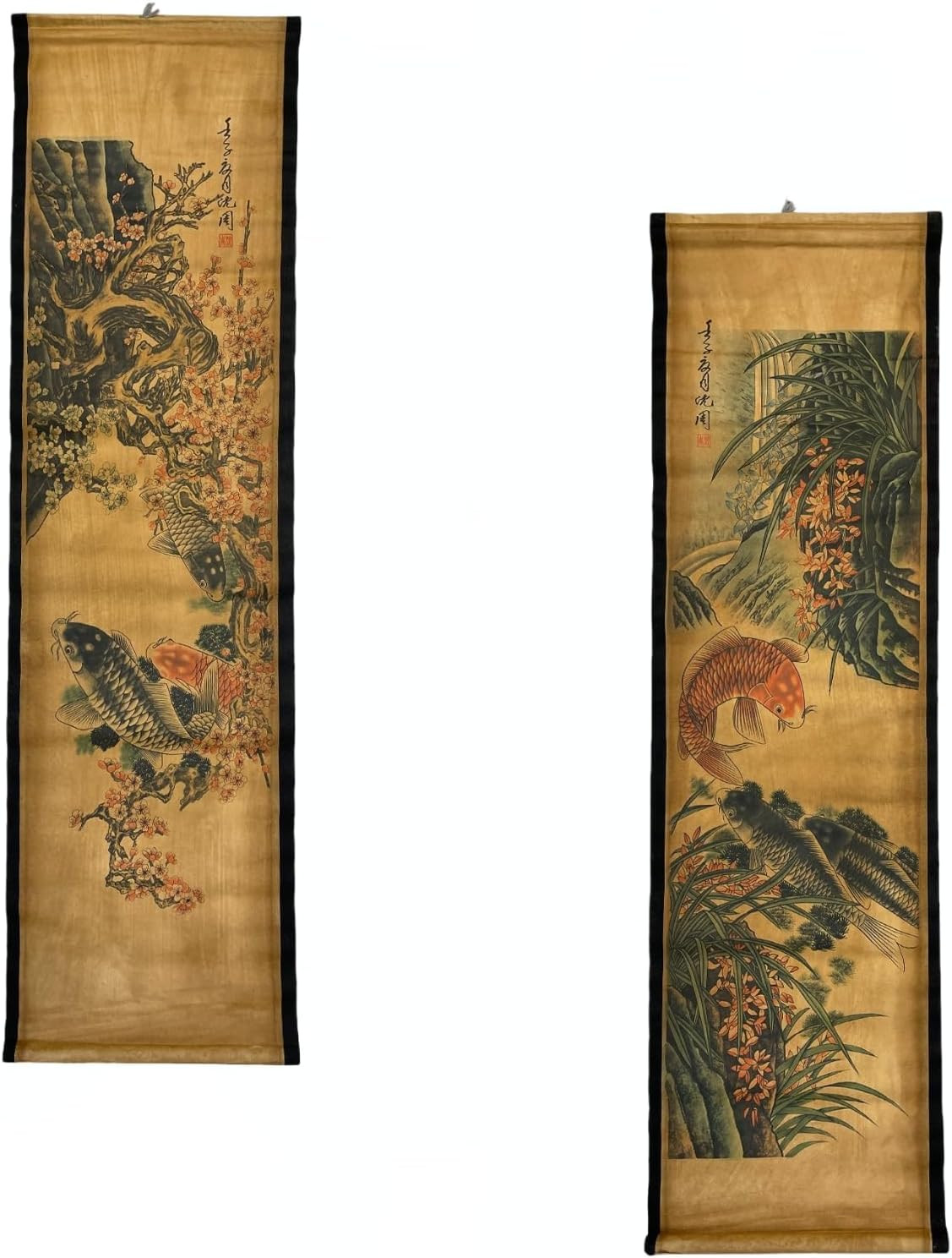 4Pcs/Set Wall Scroll Hanging Painting Decor Japanese Koi Fish Flower Fengshui, A