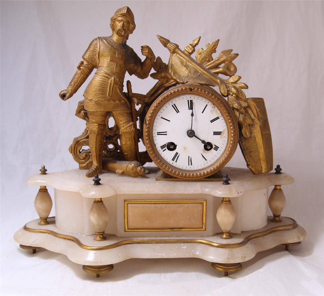 Antique Bronzed Metal/Alabaster Sculptural Mantel Clock w/Knight Figure c.1880s