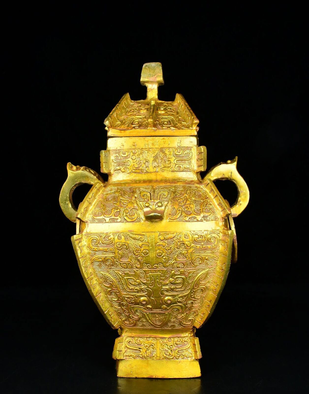 10″ old China antique the warring states bronze Gilding Square bottle