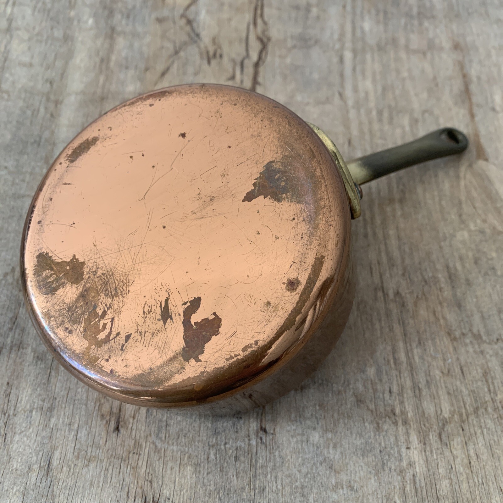 Antique Vintage Copper & Brass Handled Tin Lined Small Lidded Pan Cookware Decor