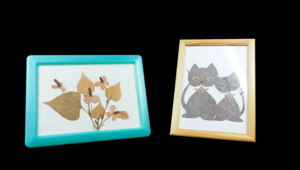 Vintage Japanese Leaf Art “Two cats and a plant” set of 2 circa 2000s.