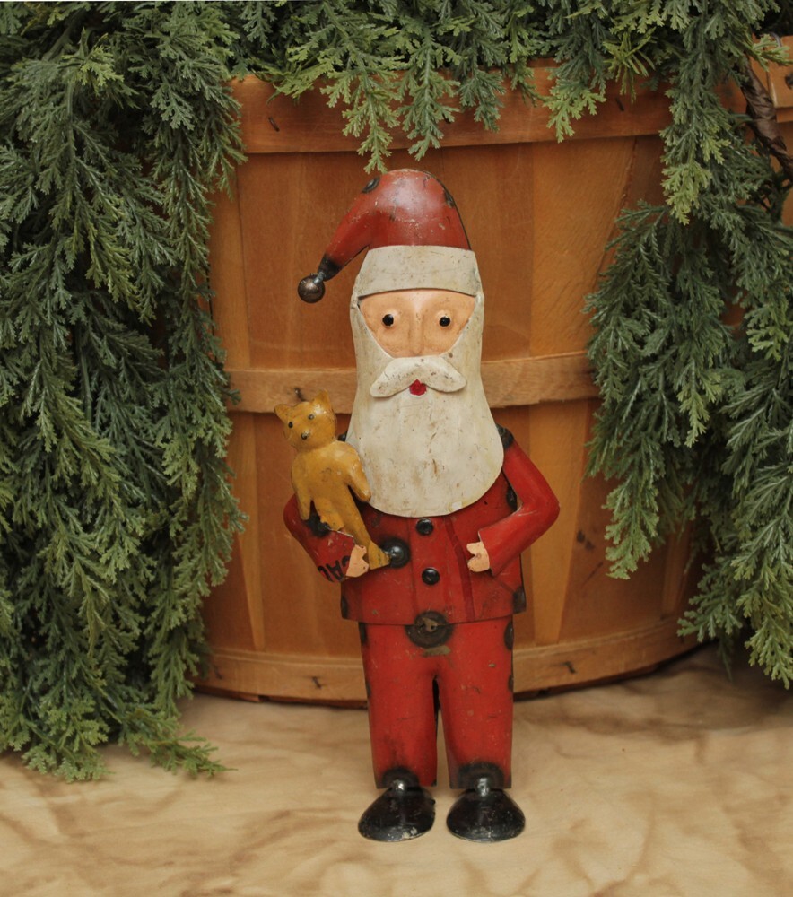 NEW PRIMITIVE 10.5″ Tall SANTA w/ TEDDY BEAR Repurposed METAL Figurine Christmas