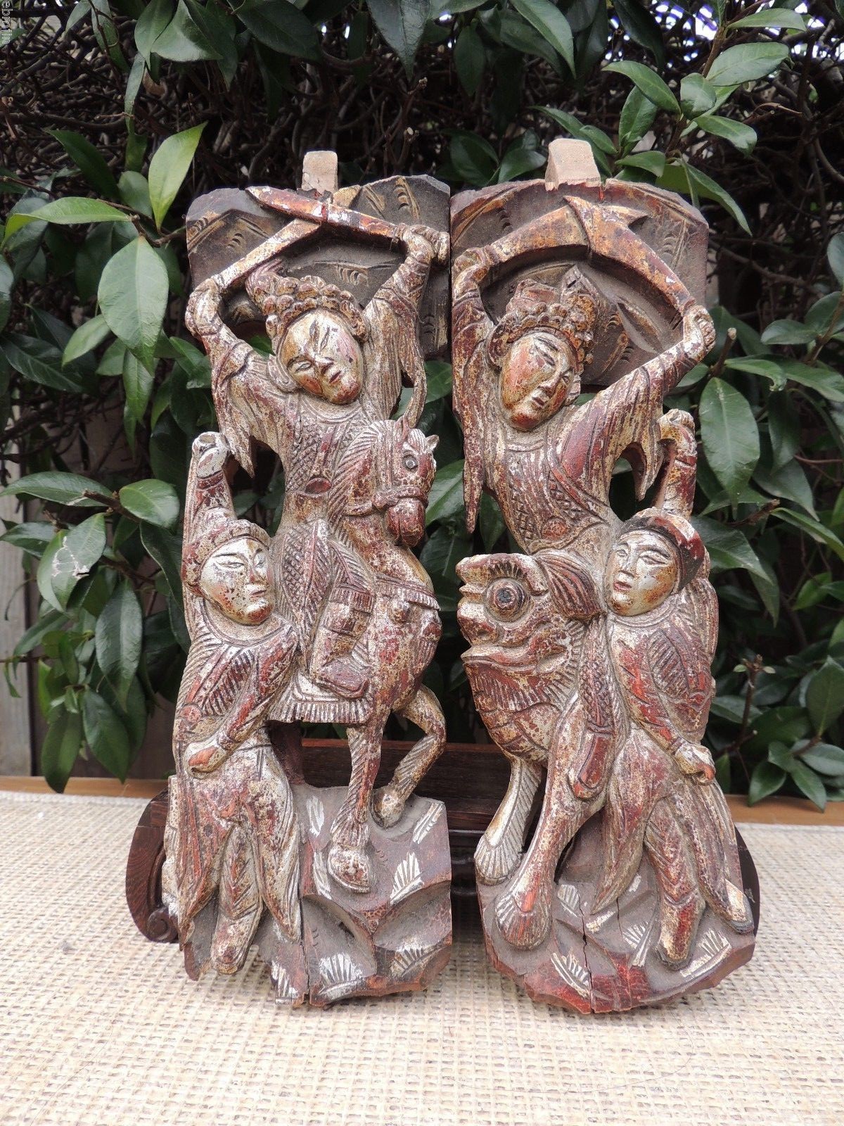117P. Antique Carved Wood Panel w/Martial Arts with Horse and Foo Dog.