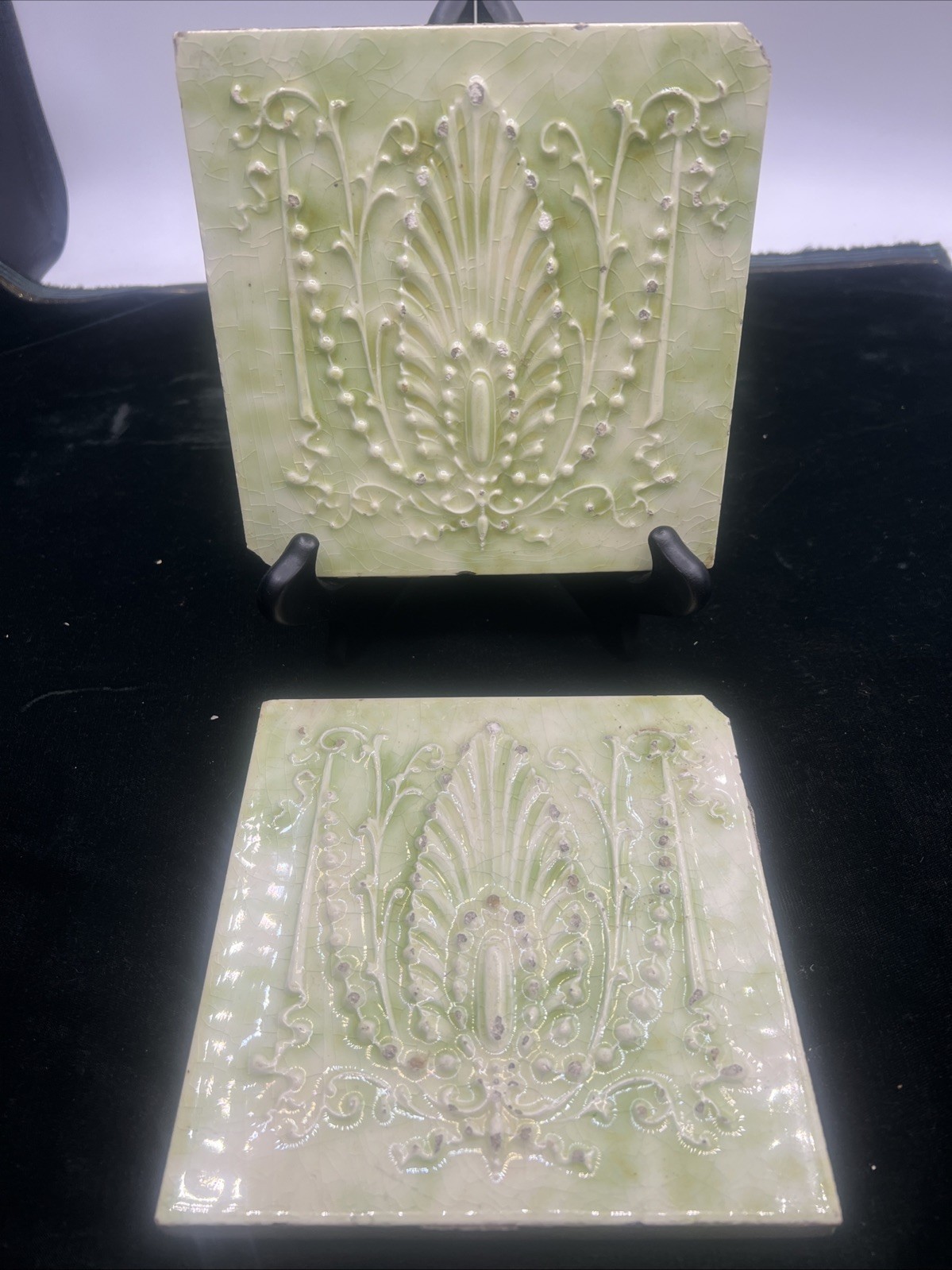 Antique Victorian Edwardian Floral Fire Place Tile Green Mottled Majolica Vtg