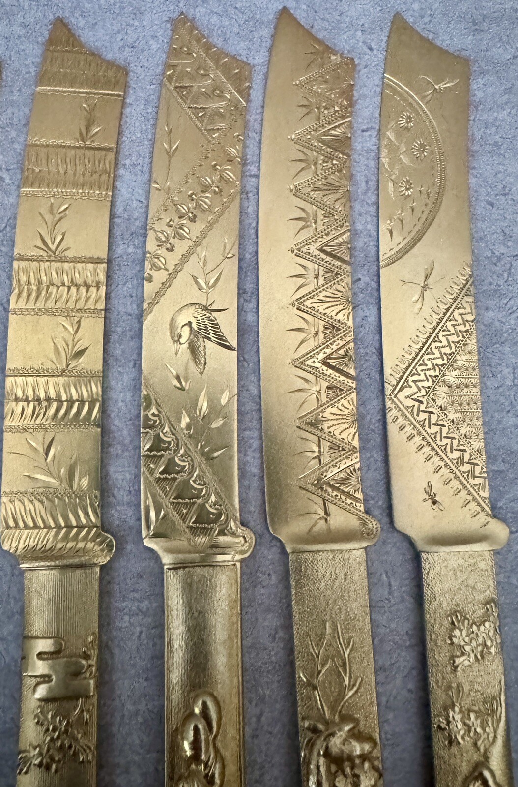 RARE SET OF 11 GORHAM JAPANESE GILT STERLING 7 1/2″ DESSERT KNIVES MINT!!!!!