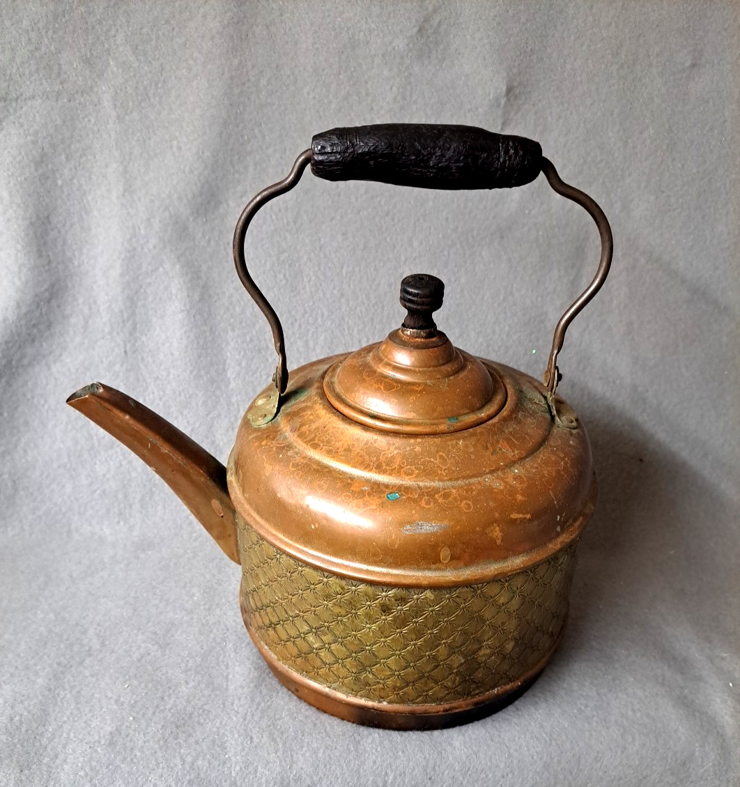 Antique Embossed Copper Kettle with Brass Panel Wood Handle 9” Rustic Teapot