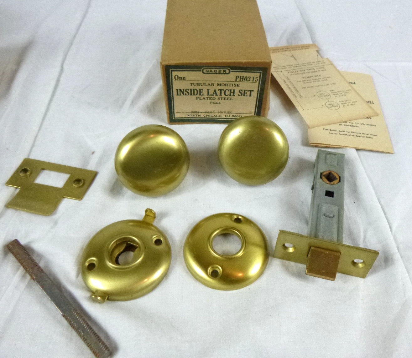 NOS Vtg Sager Tubular Mortise Inside Latch Set Door Knob Dull Brass PH0315