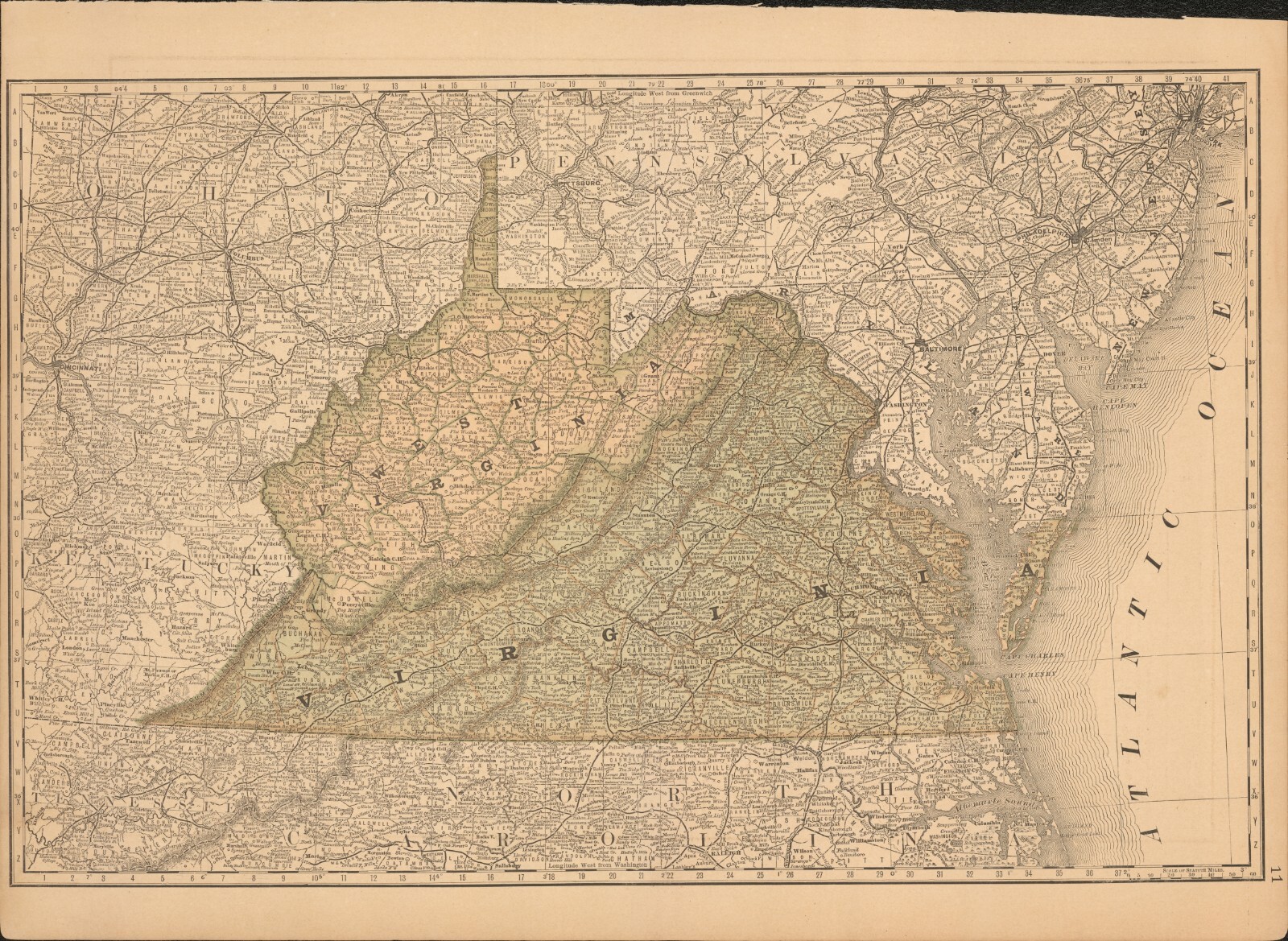 1876 Virginia & West + IN OH & CO antique map ~ 19.5″ x 14.25″ hand colored