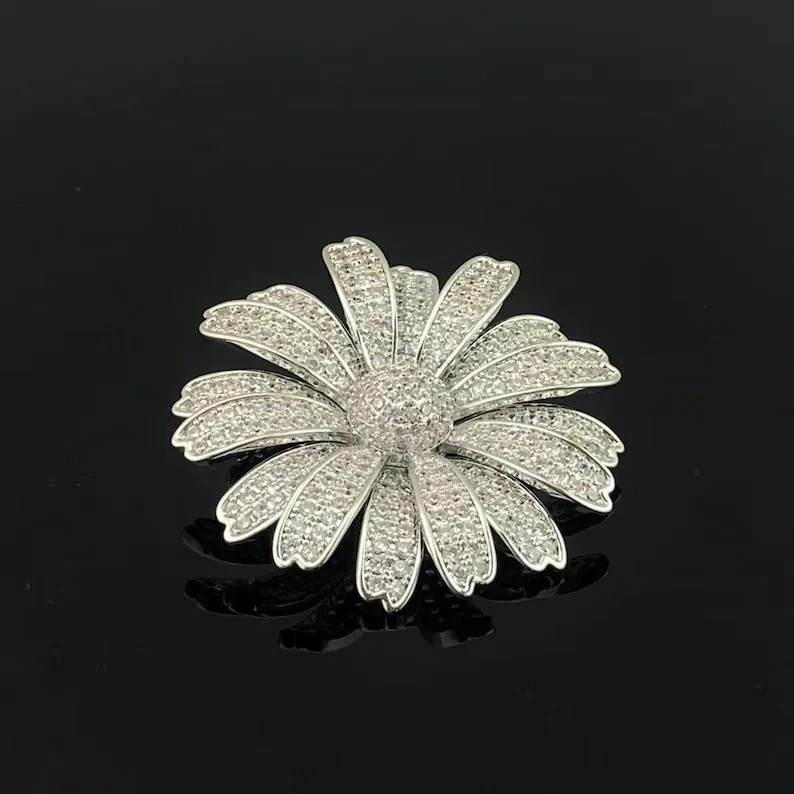 3.00Ct Round Lab Created Diamond Wedding Flower Brooch Pin 14K White Gold Plated