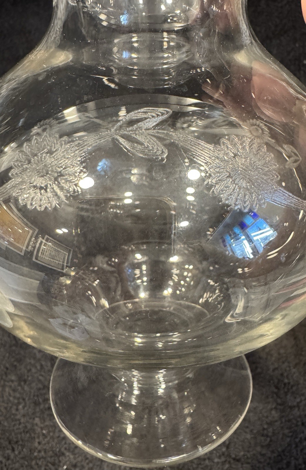 Antique Victorian Footed Juice Pitcher Engraved With Flowers Manganese Glass