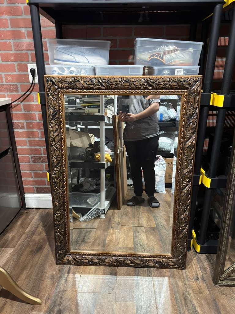 Ornate Antique Bronze Rectangle Wall Mirror Beveled Glass