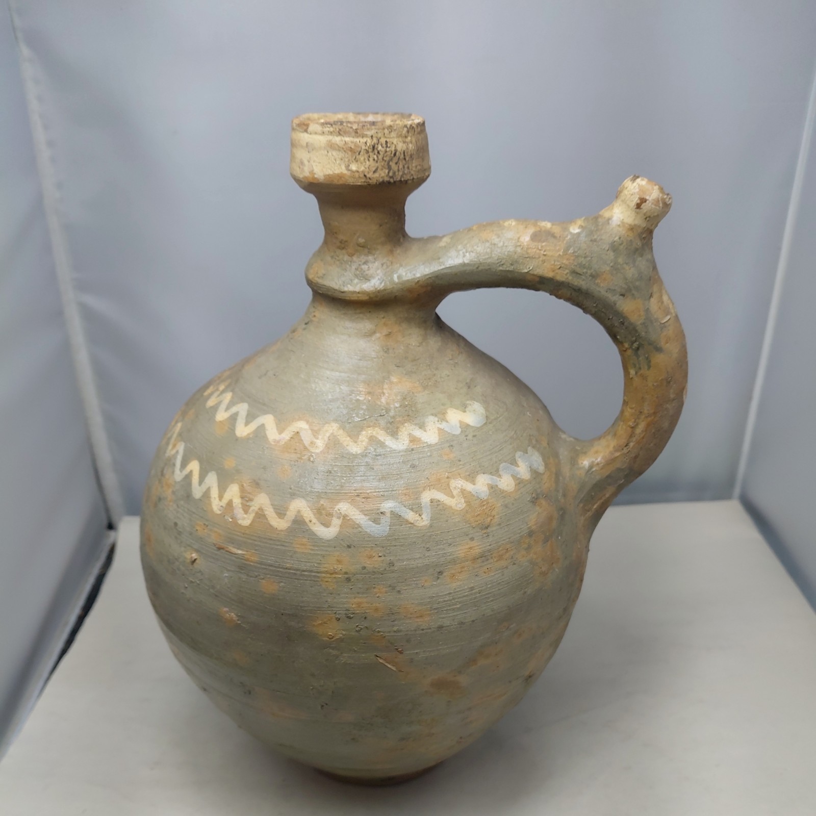 Antique Primitive Glazed Hungarian Terracotta Pottery Wine Olive Two Spout Jug