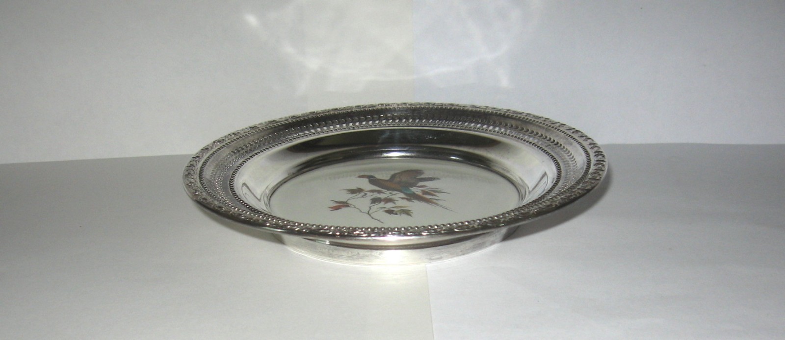 Antique Frank M. Whiting Pierced Sterling Dish Pheasant Hand Colored On China