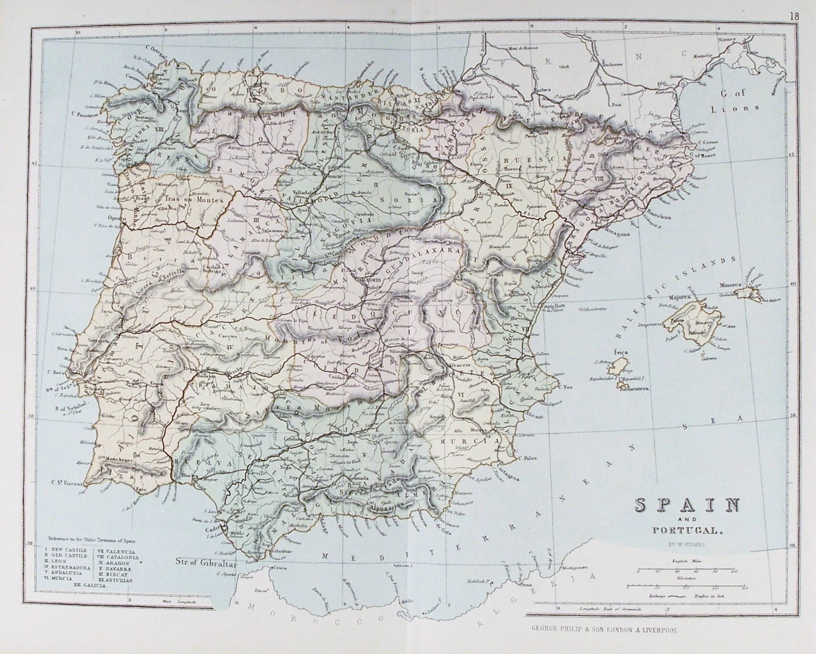 OLD ANTIQUE MAP SPAIN PORTUGAL MAJORCA MINORCA c1879 by G PHILIP PRINTED COLOUR