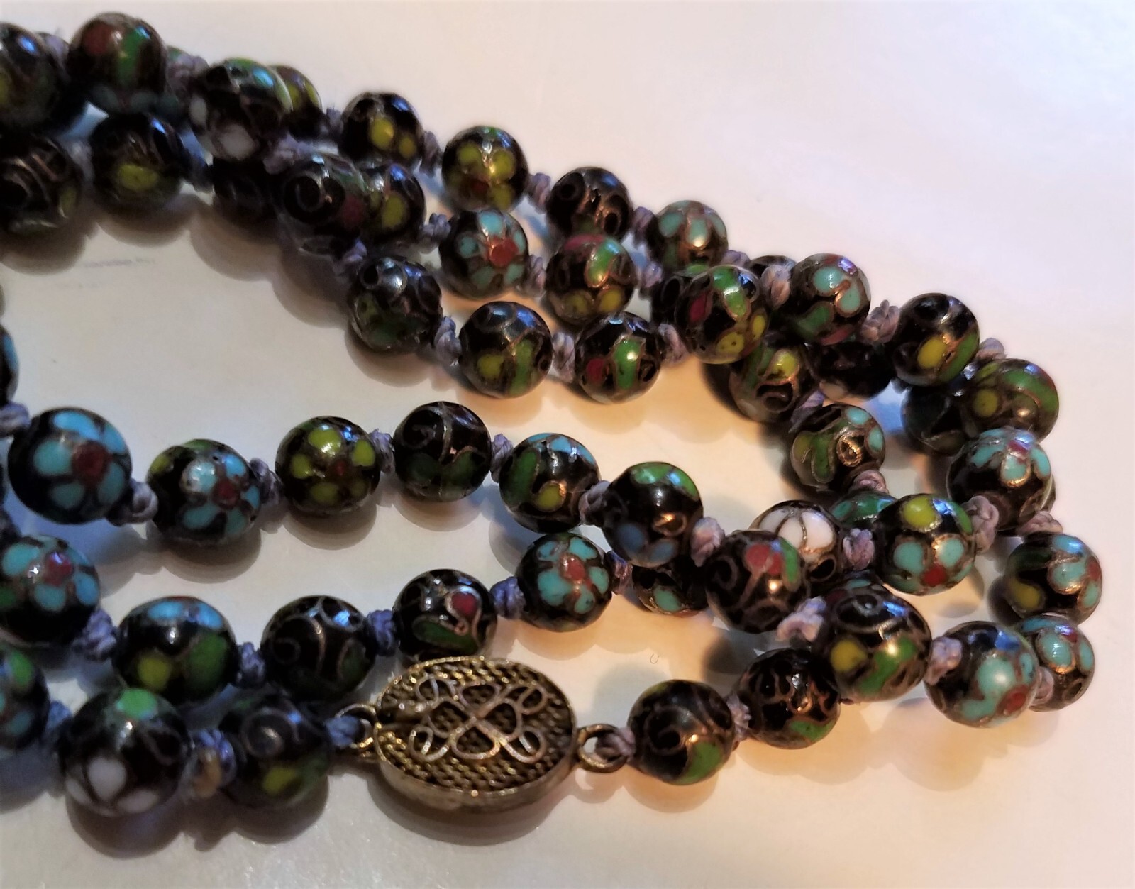 antique Chinese cloisonné champlevé enamel 70 beads 6mm lotus necklace 21″ USA