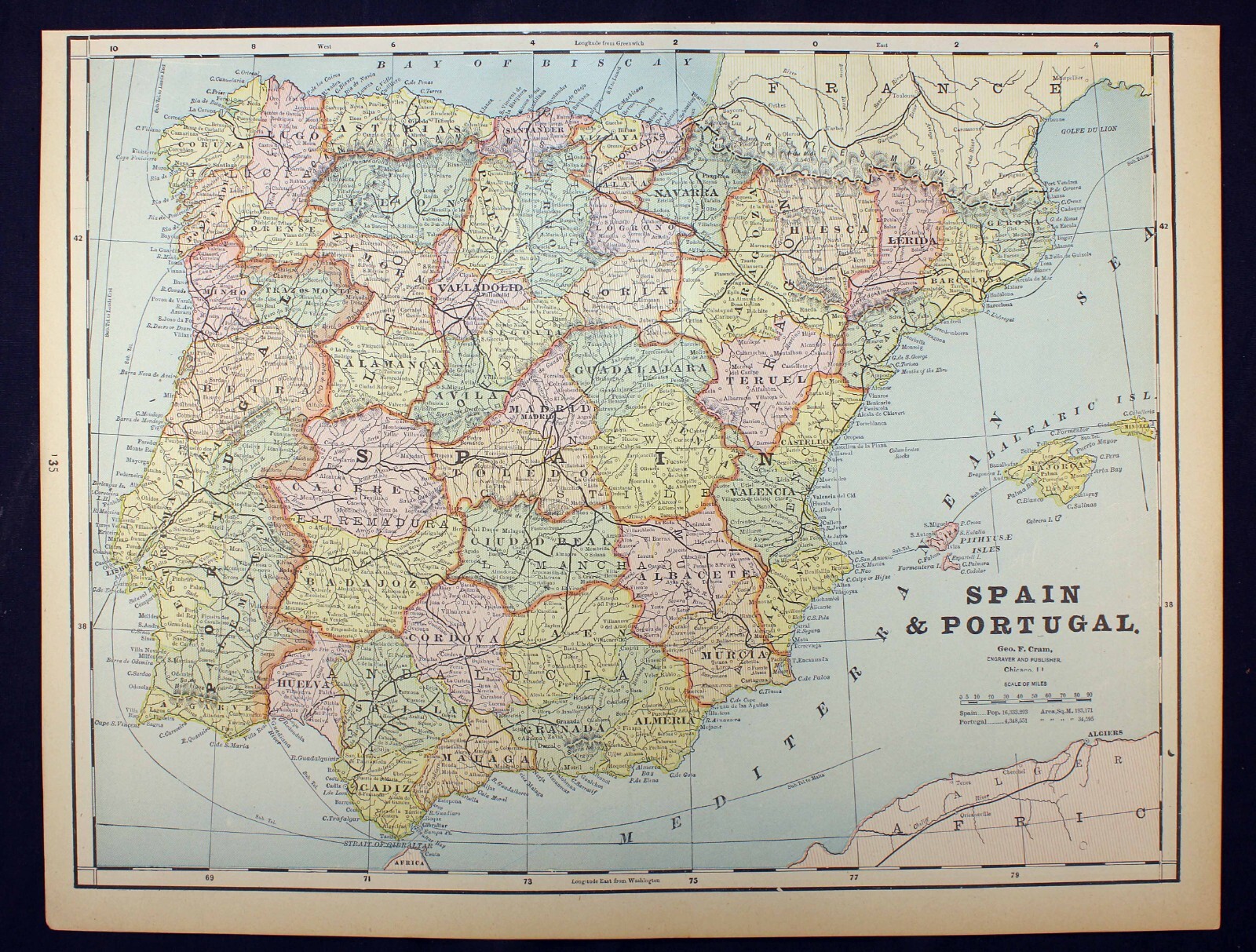 1889 Antique Map Spain and Portugal or France