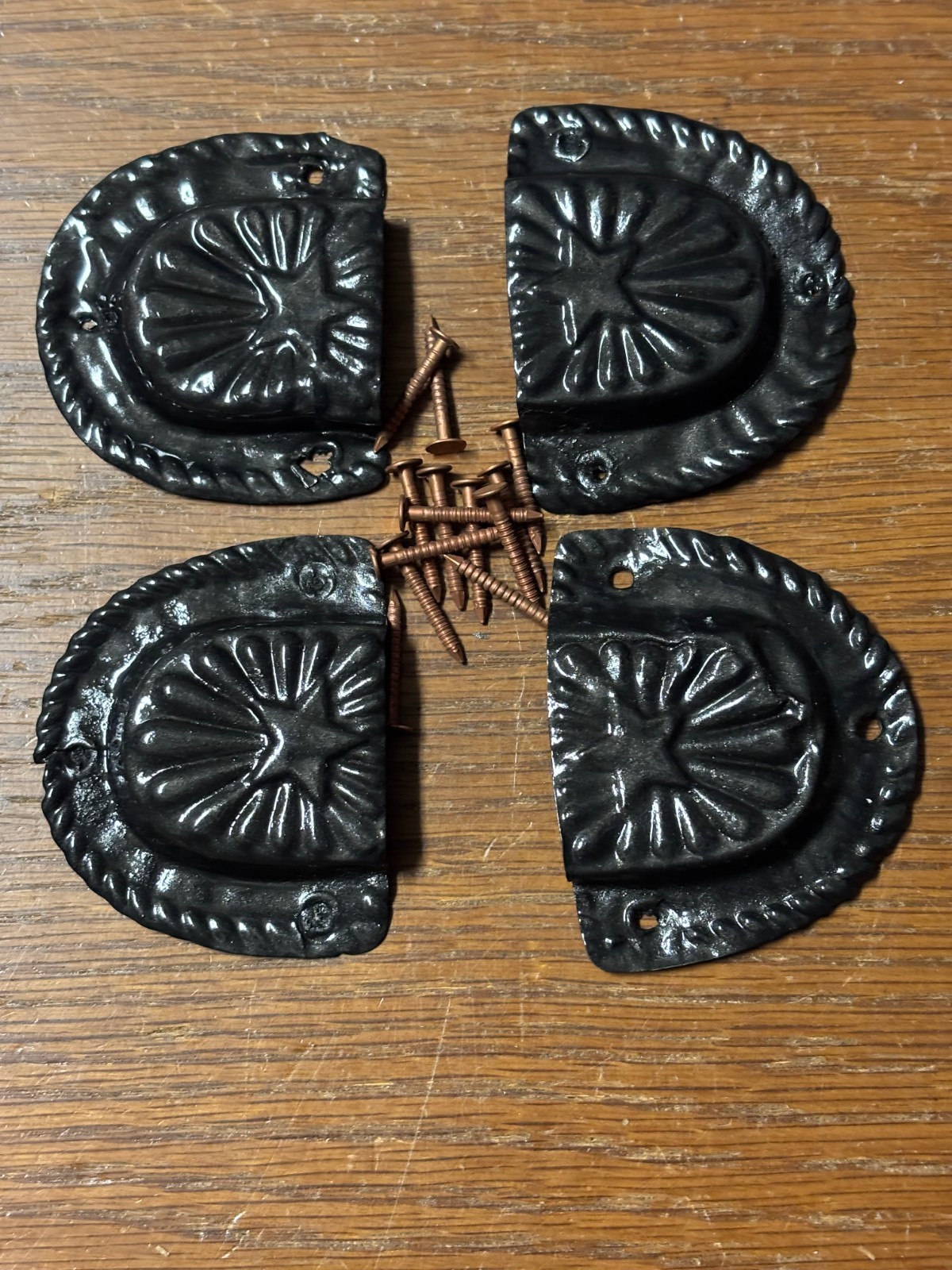 Trunk & Chest Hardware-4 Black original Leather Handle Steel Retainers & Tacks