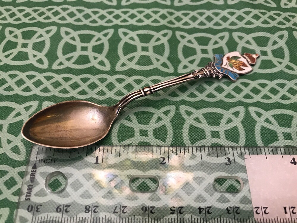Vintage Art Noveau Style Canada Maple Leaf Enamel Top Sterling Spoon FREE SHIP