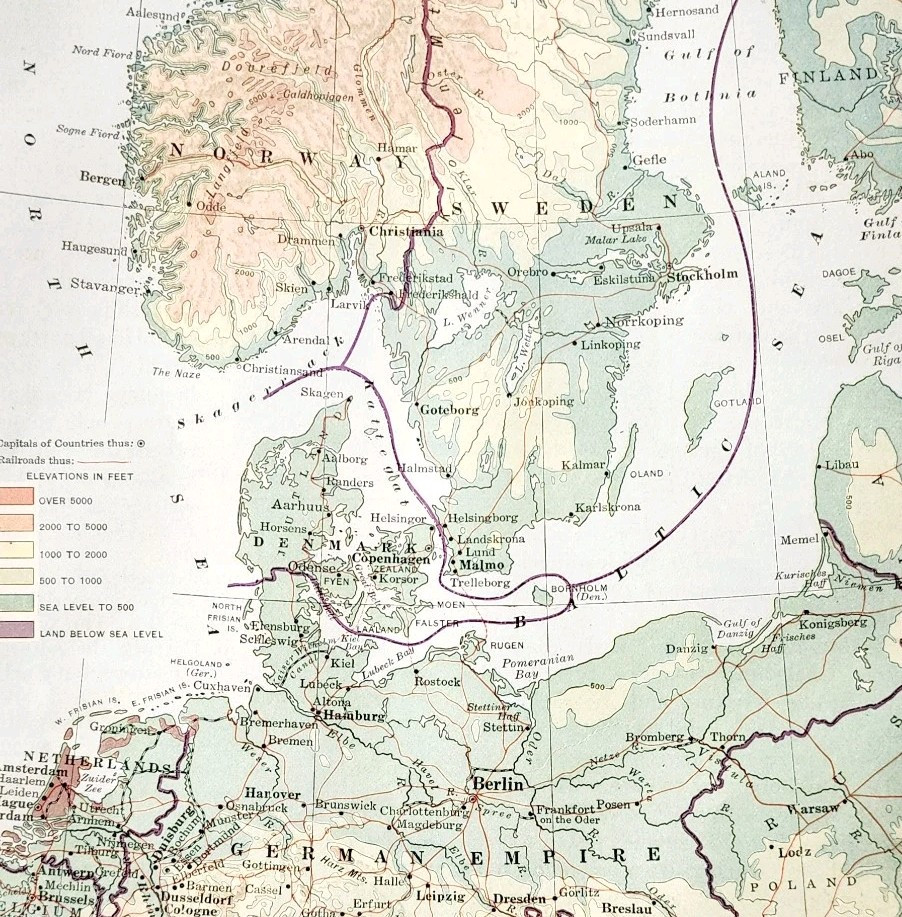 1916 Map Scandinavia German Empire Netherlands Belgium Europe Political DWSS9