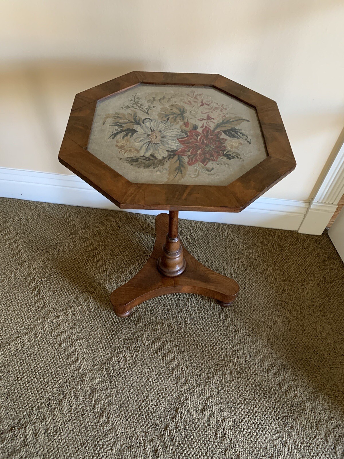 Antique Victorian Mahogany Wood Needlepoint Side Table