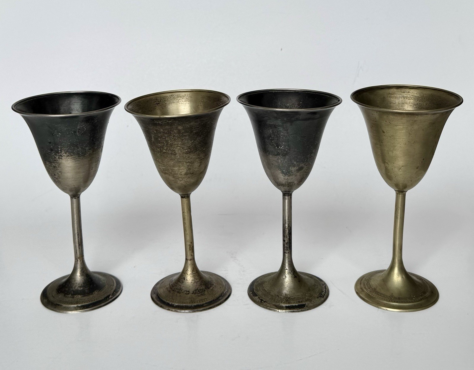 Vintage Brass And Silver Plated Wine Goblets Mixed Metals Patina Set Of 4