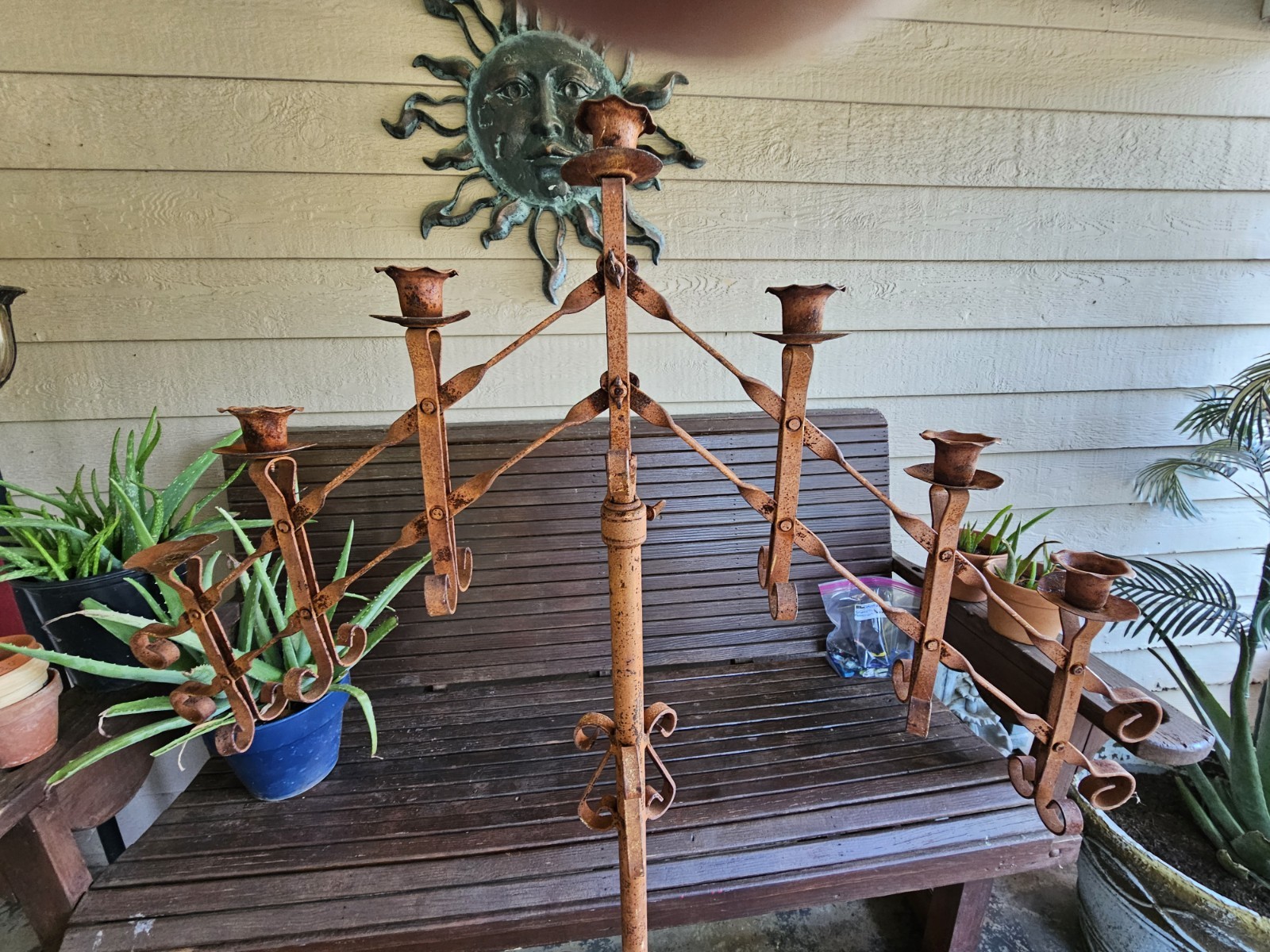 🔥🔥ANTIQUE PRIMITIVE WROUGHT IRON CHURCH ALTAR 6 CANDLES FLOOR CANDELABRA