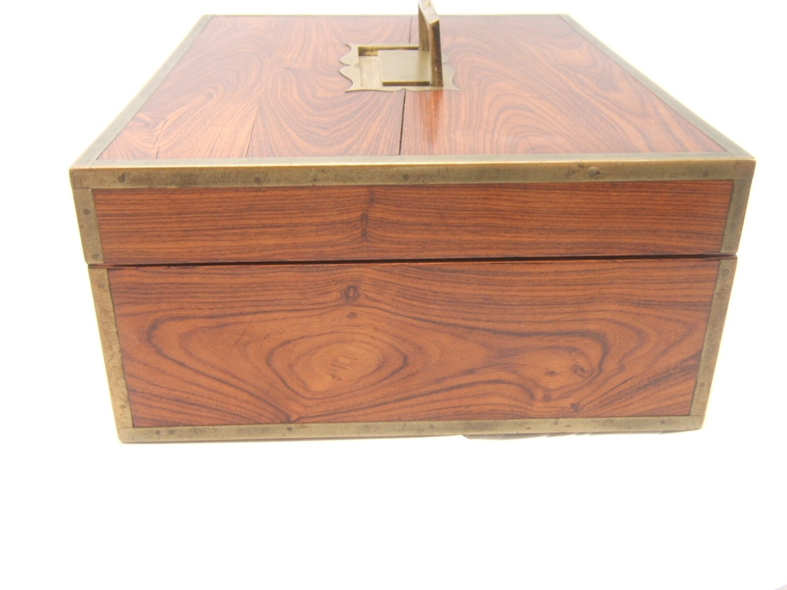 ANTIQUE ENGLISH WOOD BOX FLAMED WOOD BRASS INLAY VGC
