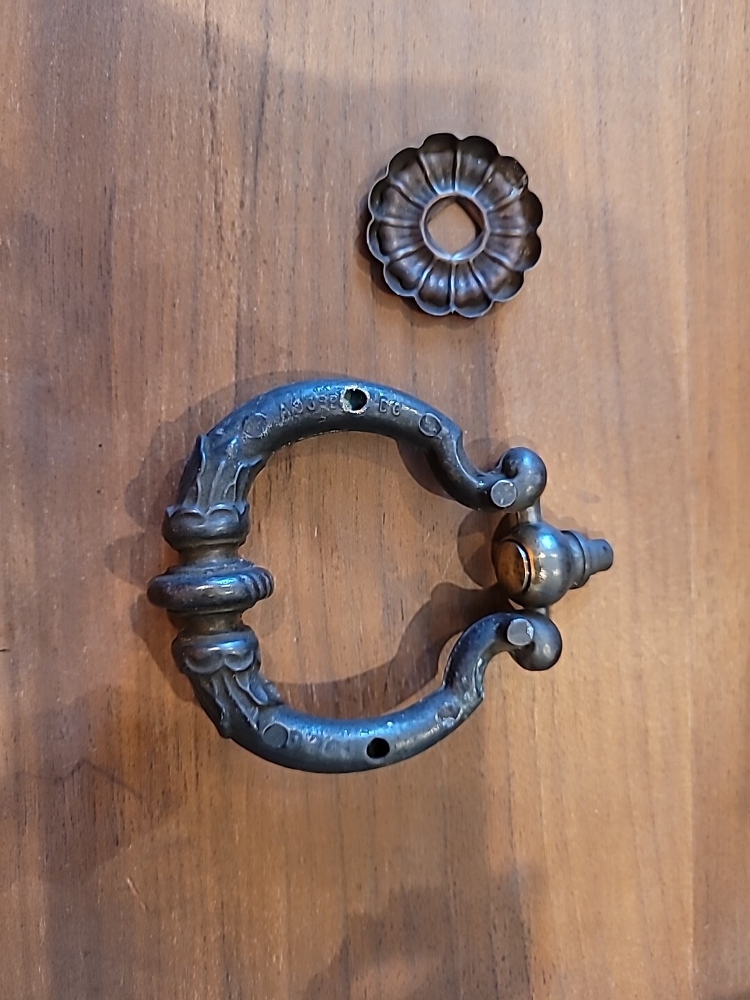 KBC Knocker Style Drop Bail Pull Handle & Backplate Dark Aged Brass Vintage