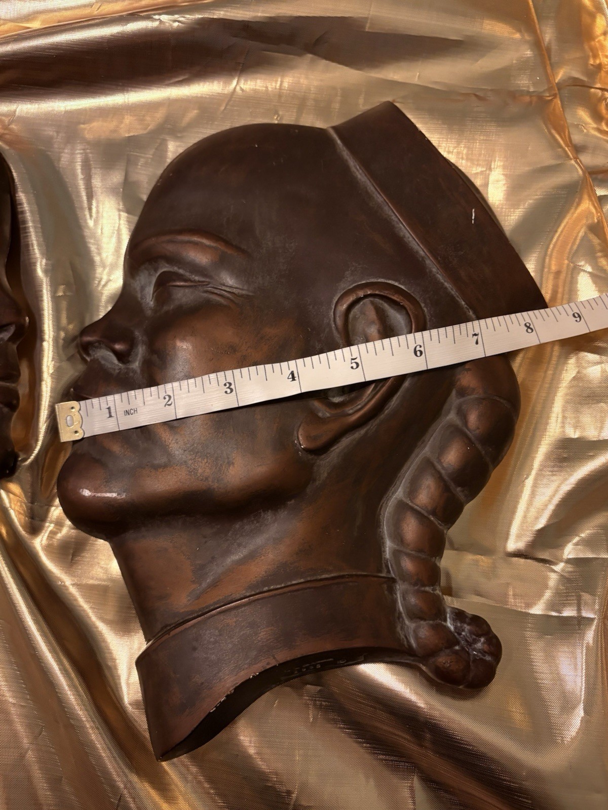 1950s Wall Hanging 3D Busts Copper Coated Chalkware Signed/Dated Asian Man&Woman