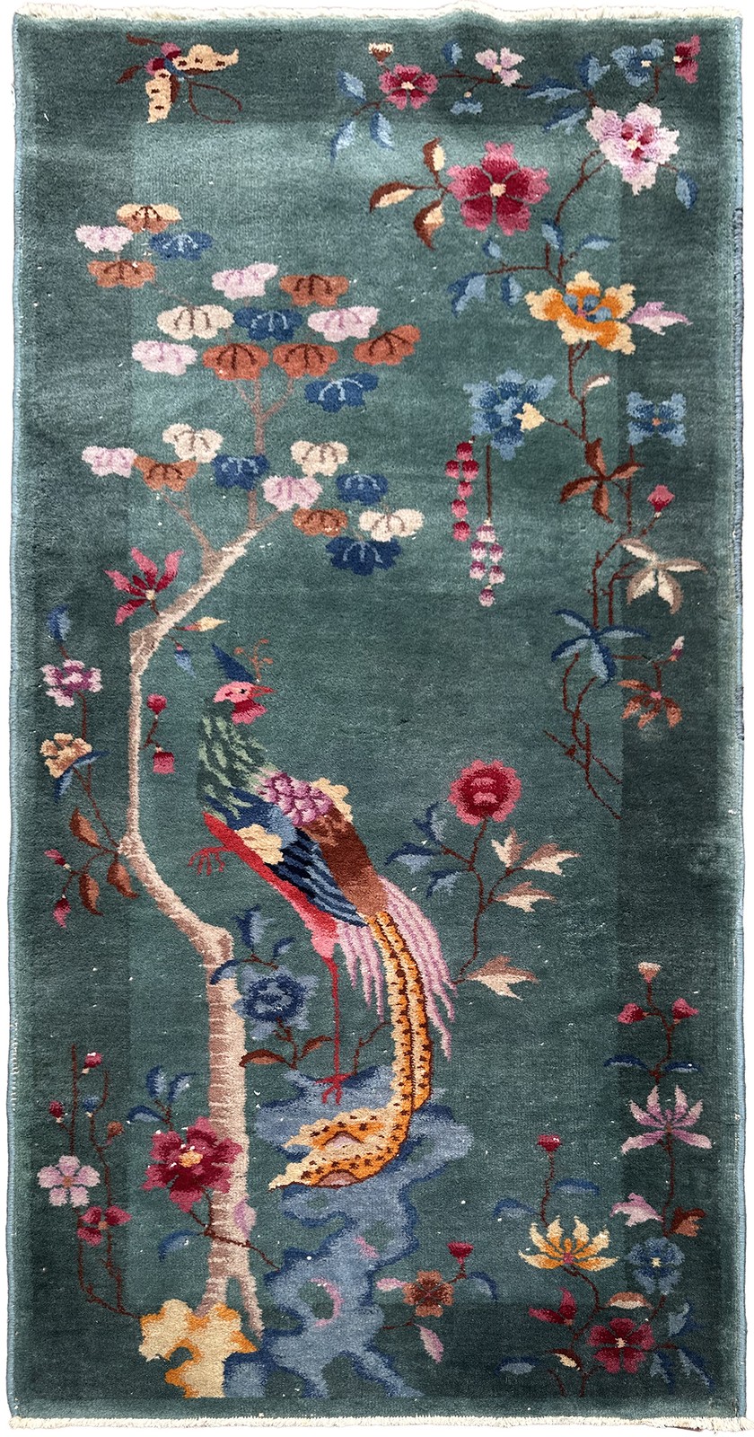 3×6 Antique Art Deco Chinese Rug Blue Tree of Life Bird Tapestry C.1920