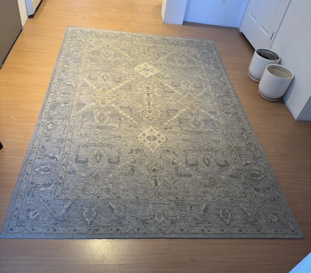 7×10 Oriental Rug Blue Ivory Hand-Knotted Wool Blend Geometric Carpet