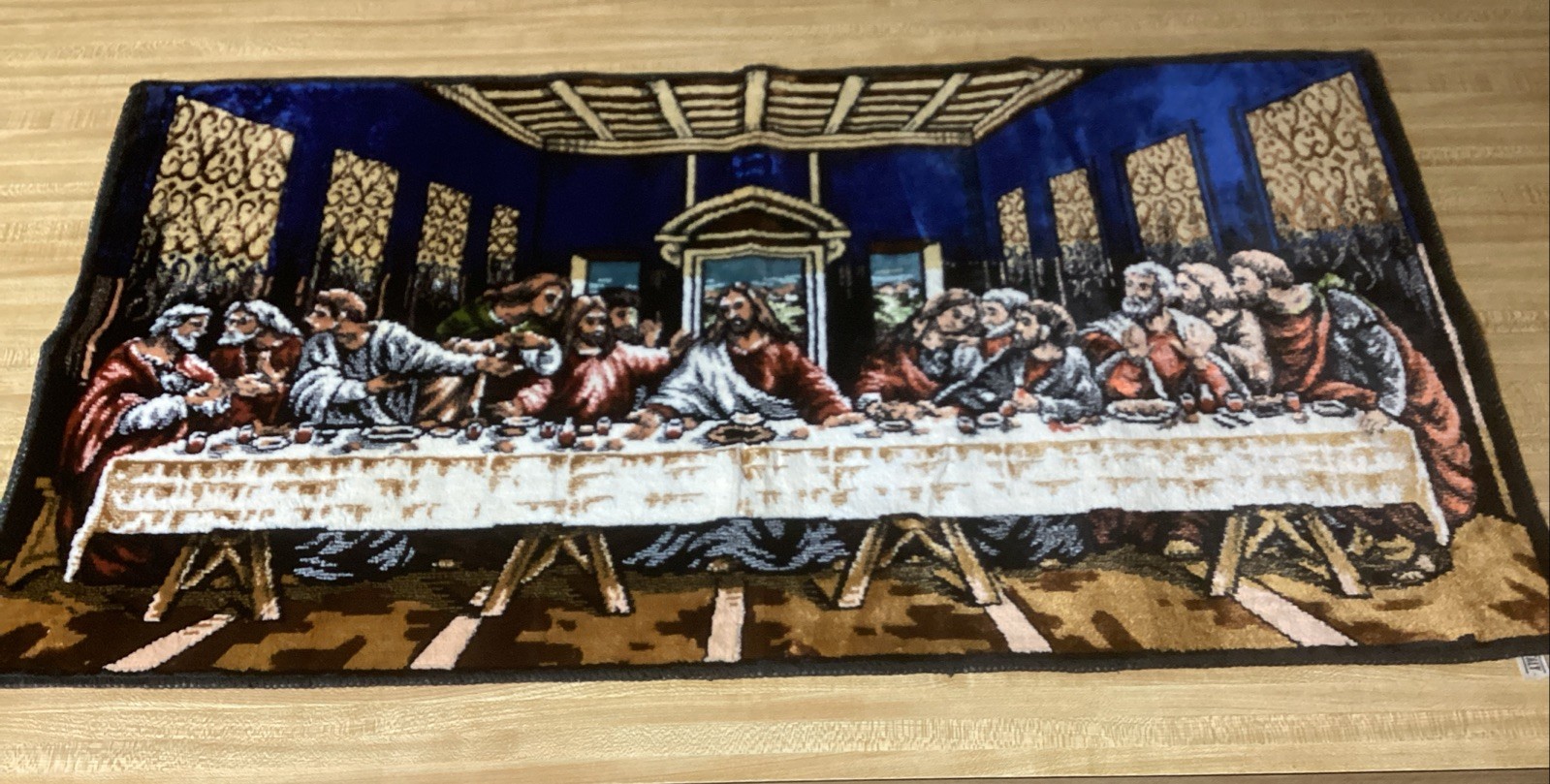 Vintage 70s Italian Last Supper Tapestry Wall Hanging Rug Old World 38X20