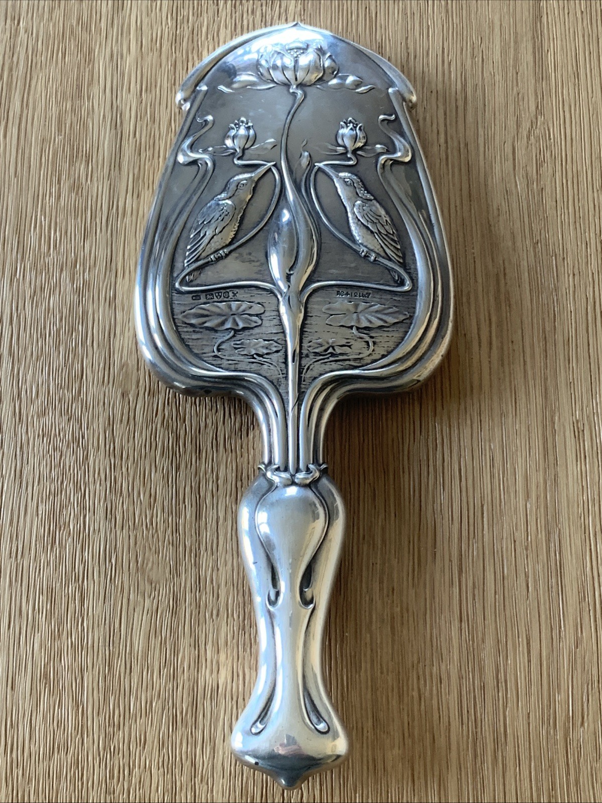 ART NOUVEAU SILVER HAND MIRROR-CHESTER 1904-WILLIAM NEALE-KINGFISHER/WATER LILY