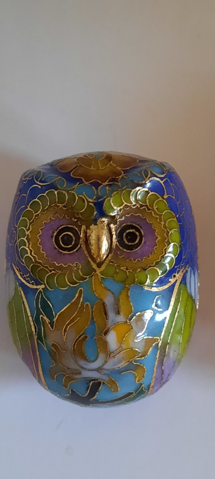 Vintage Chinese Brass Enamel Cloisonne Owl Trinket Box Lidded With Stand Used